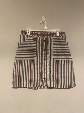 Oddy Striped Mini ButtonDown Skirt w/ Pockets, XL, Cream/Mauve/Blue/Purple/Green